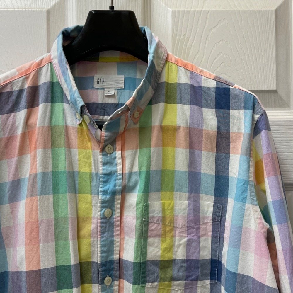 GAP Men's XL Untucked Fit Shirt Pastel Checked Cotton Preppy Long Sleeve
